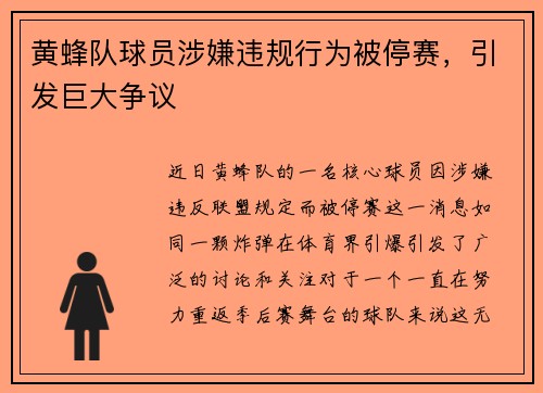 黄蜂队球员涉嫌违规行为被停赛，引发巨大争议